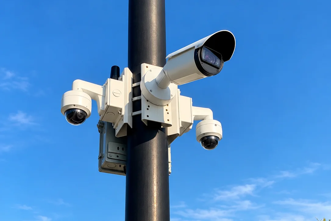 Pole-mounted security cameras at a community entrance