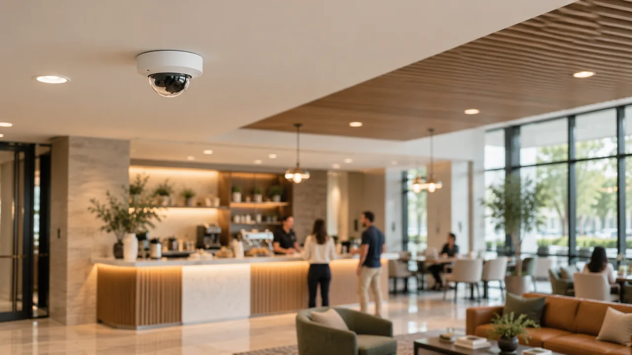 Dome security camera in a commercial reception lobby