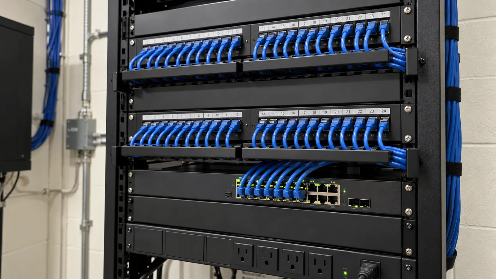 Network rack with patch panels and switch