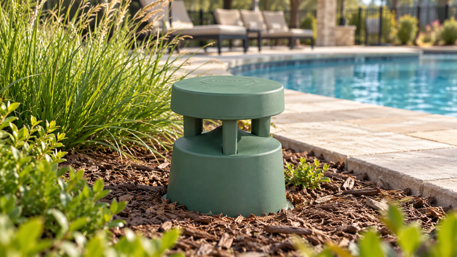 Outdoor landscape speaker beside a pool deck