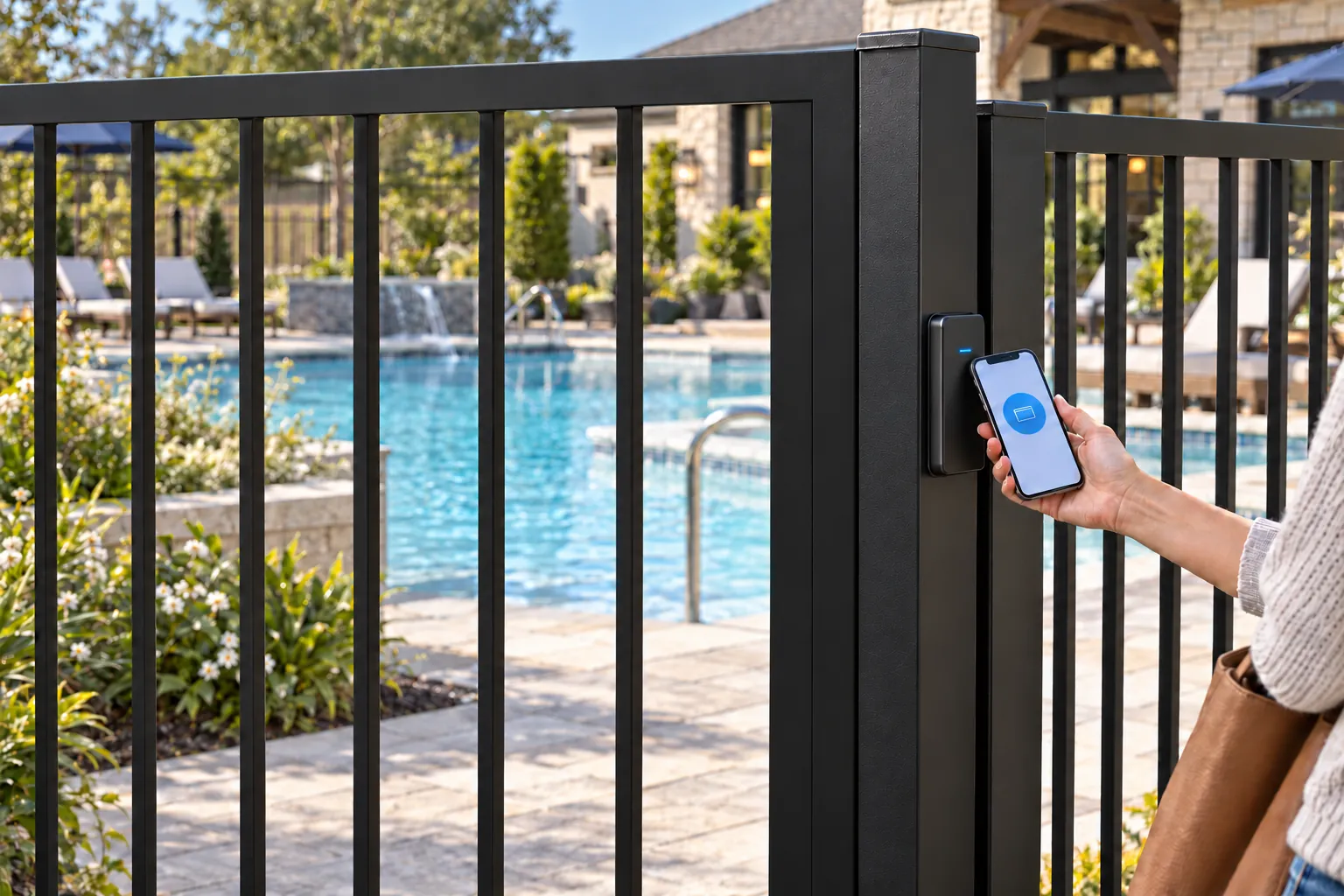 Illustration of mobile credential access at a community pool gate