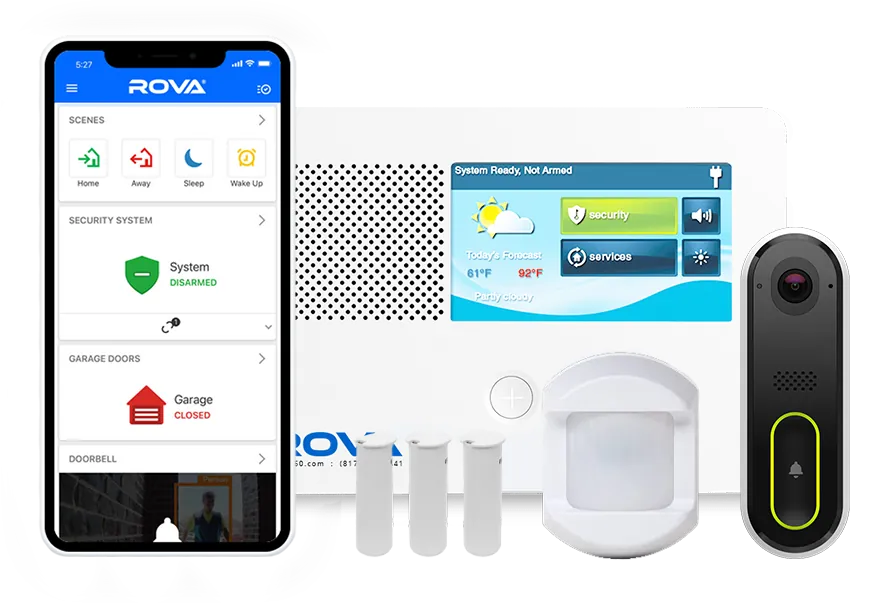 ROVA home security app, touchscreen panel, video doorbell and sensors