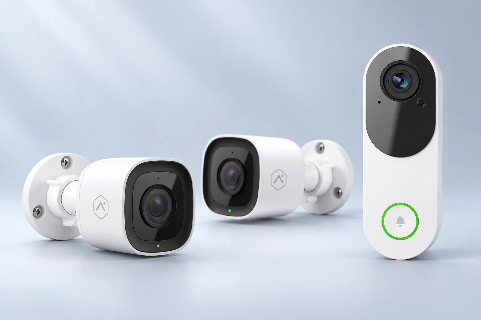 Illustration of two outdoor surveillance cameras and one video doorbell